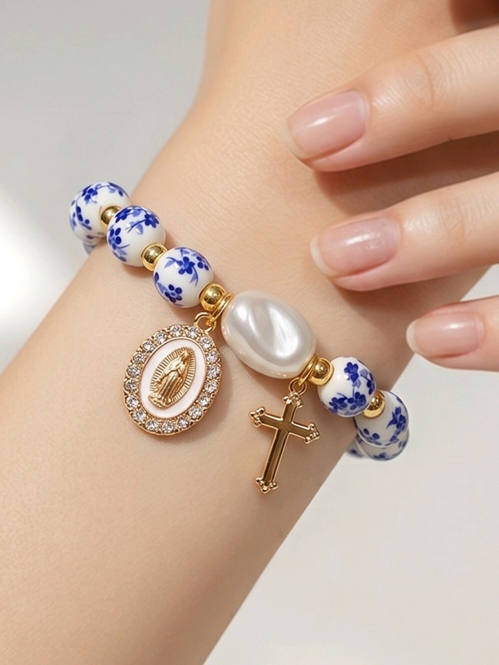 Blue Floral Miraculous Medal Bracelet Catholic Cross Pearl Faith Prayer Jewelry